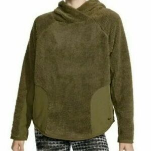 Nike Women S Olive Green Pockets Athletic Sherpa Pullover Training Hoodie